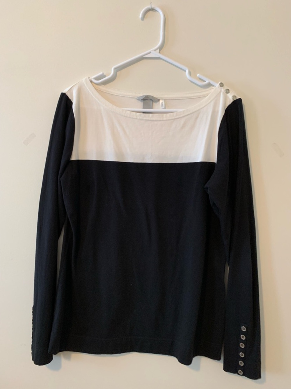 H&M Black and White Boatneck Long-Sleeve Top with Shoulder Buttons